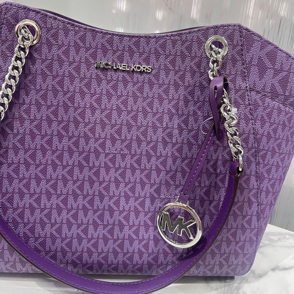 MICHAEL KORS Jet Set Travel Large Signature Chain Shoulder Tote Bag Dk Purple - Picture 4 of 7